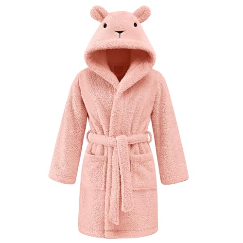 Niwicee Albornoz para Niños Albornoz niño niñas con Capucha de Felpa suave Pijamas Ropa de Dormir para niños de 3 a 8 años - 2 bolsillos, capucha con orejas (Rosa, 3-4 años)