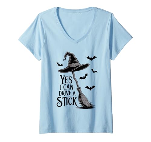 Womens Yes I Can Drive A Stick Funny Witch Halloween V-Neck T-Shirt