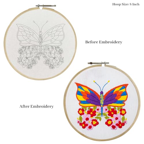 Image of picknMAKE Cross Stitch Embroidery Kit For Beginners & Adult, Featuring A Butterfly With Colourful Floral Wings, Printed Fabric, Instructions Papers, Threads & Needles All Materials Included,Multicolor