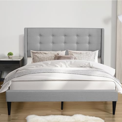 PrimeZone Queen Size Bed Frame - Modern Platform Bed Frame with Wingback Tufted Headboard, Linen Fabric Upholstered Bedroom Bedframe with FSC-Certified Poplar Wood Slats, No Box Spring Neede