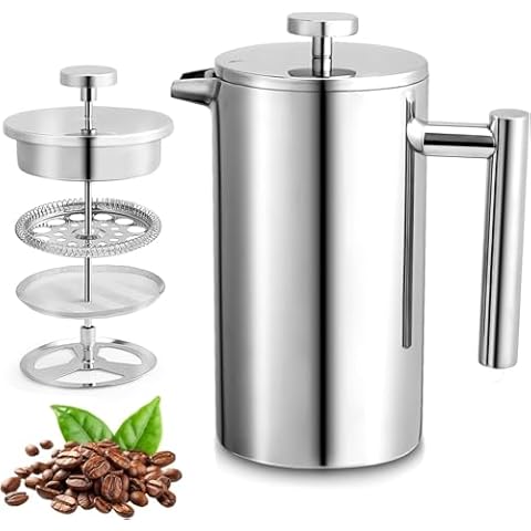 Miuly Small French Press Coffee Maker,12OZ/350ML Stainless Steel Insulated Coffee Press,Stainless Steel French Press with 2 Fliters 0.35 Liter (12oz, Sliver) Cover