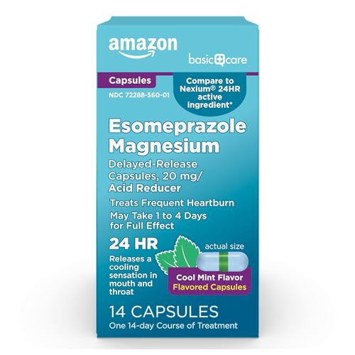 Image of Amazon Basic Care Esomeprazole Magnesium Delayed-Release Capsules 20 mg, Acid Reducer, Treats Frequent Heartburn, Cool Mint Flavor, 24 Hour Heartburn Medicine, 14 Count
