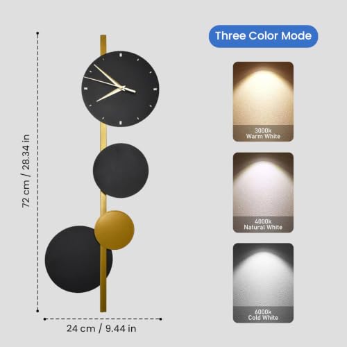 Image of blissbells Modern Abstract Wall Light with Integrated Clock, Minimalist Design in Black and Gold (Clock and Circles)