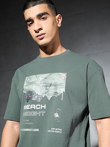 Image of TECHNOSPORT Men's Oversized Fit Half Sleeve Crew Neck T-Shirt, ELASTO Plus Quick Dry Moisture Wicking Stretchable Sports Gym and Casual Wear