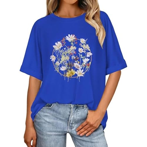 Oversized Tshirts for Women Summer Short Sleeve Casual Basic Tee Tops Loose Fit Shirts, Deep Blue Flowers, S