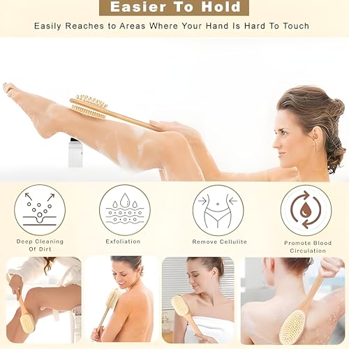 Image of KIMEE 2-in-1 Natural Bristle Bath Brush with Long Wooden Handle & Detachable Head - Back Scrubber for Shower, Dry Brushing, Exfoliating Skin Care, Cellulite Reduction & Deep Cleansing Spa Tool