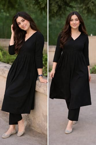 Image of Anarkali Kurta Pant Set for Women Long Flared V-Neck Kurta | Office & Casual Wear | 3 /4 Sleeve | Button Front | Karwa Chauth & Diwali Special Office wear