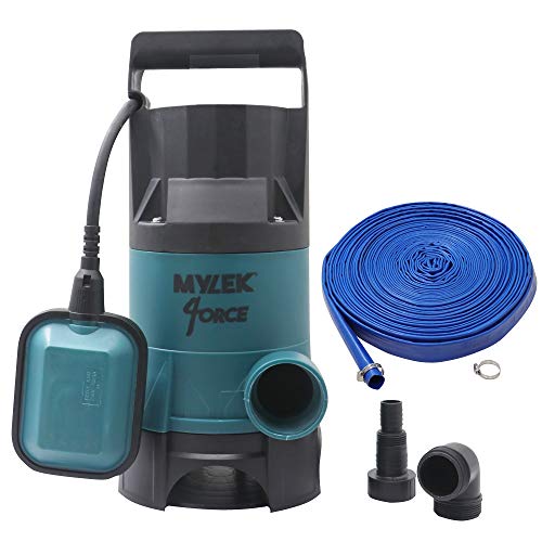 MYLEK Submersible Water Pump 400W Electric, 8000L/H, 15m Layflat Hose for Clean or Dirty Water with Float Switch, 10M Power Cable - for Floods, Pools, Gardens, Ponds, Hot Tubs