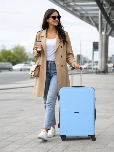 Image of Teakwood Meduim Size 8 Wheels Trolley Bag, Hard Cabin with Zipper Closure, Adjustable Push Button & Cross Side Strap, Number Lock System 360 Degree (Medium, Powder Blue)