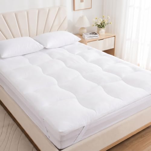 Quilted Super King Mattress Topper Extra Thick 4 Inch (10cm) Ultra Soft Microfiber Filling 1200GSM Breathable Box Stitched with Elasticized Corner Straps Machine Washable (182 x200)