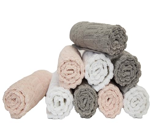 Image of PH Pleasant Home Diamond Wash Cloths Set - 12 Pack (12 inch x 12 inch) - 509 GSM - 100% Ring Spun Cotton Wash Cloth - Super Soft and Highly Absorbent Face Towels (Light Grey, White & Pink)