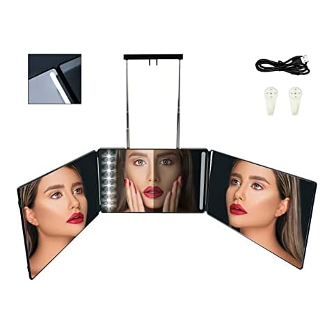 Auptiz Tri-fold Vanity Hanging Mirror( Foldable), with Touch Switch & LED Lighting- Dimmable and Adjustable Height Brackets, for Makeup/ Washing/ Haircut/ Shower/ Shaving- USB Powered Cover
