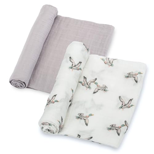 Image of LollyBanks Muslin Swaddle Blankets 2PACK, 100% Cotton Baby Blanket 47 x 47 Inches, Large Baby Swaddle Breathable, Muslin Blankets for Boys and Girls (Mallard Duck and Grey)