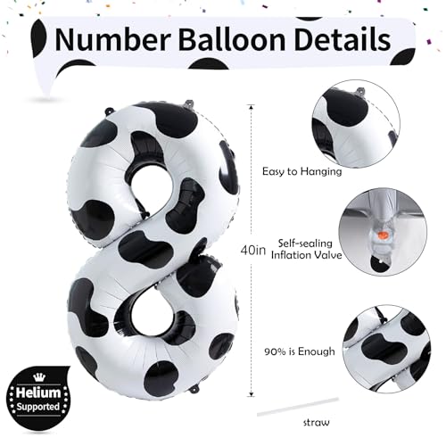 Image of 40 Inch Cow Print Number 8 Balloons, Large Foil 8th Birthday Balloon Decorations for Girls, Self Inflating Number 8 for Boys Birthday Party Farm Animal Theme Cowboy Cowgirl Theme Party Decor Supplies