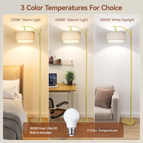 Image of SUNMORY Floor Lamps for Living Room with 12W LED Bulb, Arc Lamp with 3 CCT | Modern Floor Lamps with Adjustable Double Fabric Shades, Industrial Arched Lamp, Tall Standing Lamp for Bedroom, Corner