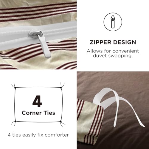 Image of Duvet Cover Set Full Size,Brown White Striped Patterned Bedding Set for Girls Boys,Modern Soft Breathable Microfiber Comforter Cover 3 Pieces with Zipper Closure and 2 Pillow Shams