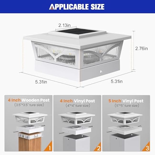 APONUO Solar Post Cap Lights, 2 Color Modes Fence Post Solar Lights for 3.5x3.5 4x4 5x5 Wooden/Vinyl Posts, Outdoor Waterproof Deck Posts Light Solar Powered for Garden/Patio/Porch, White 12 Packs