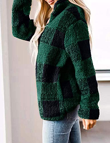 Merokeety Women's Plaid Sherpa Fleece Zip Sweatshirt Long Sleeve Pullover Jacket, Green, M #TOP1