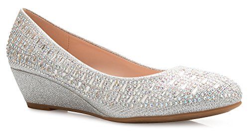Olivia K Women's Close Round Toe Low Wedge Glitter Rhinestone Comfort