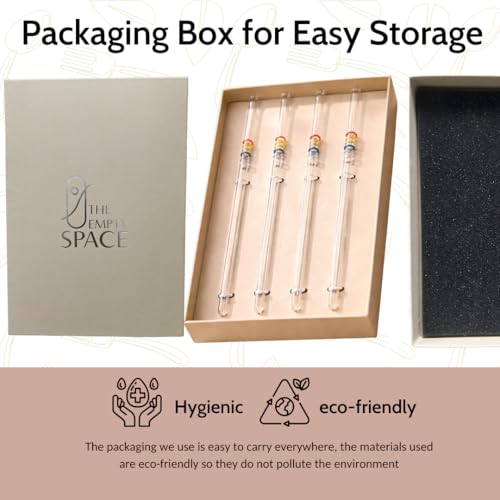 Image of THE Empty Space Set of 4 Reusable Glass Straws, Colorful Cute with Gift Packaging for Smoothies, Milkshakes, Juices, Teas, Perfect for Parties & Gifts | 7 inch Height 4 PCs (Colourful Rings)