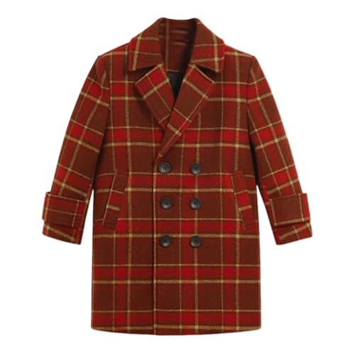 Image of Sobrisah Big Boys Girls Winter Pea coat Double Breasted Notched Collar Wool Dress Parka Red Plaid Jackets Coats 150cm(11-12 Years)