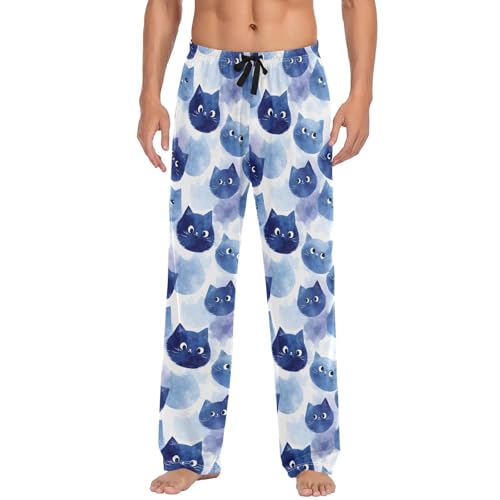 Men's Pajama Pants Cute Blue Cat Print Lounge Pants with Pocket Drawstring S