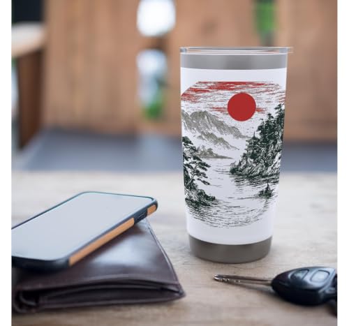 Paysage japonais vintage lac montagne rétro coucher de soleil art Gobelet isotherme en acier inoxydable double paroi – vue 7
