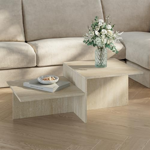 [en.casa] Mesa de Centro Taniena Rectangular con Tablero Doble Mesita de Café Mesa Auxiliar de Sofá Salón Despacho 100 x 55 x 35 cm - Travertino