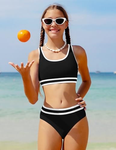 Girls Swimsuit Double Strap High Waist Sporty Bikini Swimsuits Swim Cover Up Skirt 3 Piece Set4
