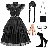 LGZIN Kostüm Kleid, Schwarz Gotisch Kostü-m mit Perücke, Strumpf, Gürtel, Halskette, Tasche und Prothesenhand, Familie Cosplay Outfit für Karneval Halloween (120)