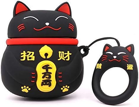 Yonocosta Cute Airpods Case, Airpods 2 Case, Fashion Funny 3D Cartoon Animals Black Lucky Cat Kitty Shaped Full Protection Shockproof Soft Silicone Charging Case Cover with Keychain for Airpods 1&2