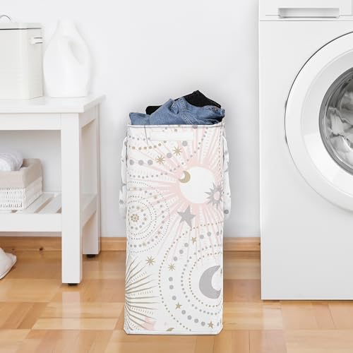 Image of Sweet Jojo Designs Blush Pink Gold Star and Moon Girl Laundry Hamper Foldable Dirty Clothes Basket with Handles for Baby Nursery Kids Bedroom Teen Bathroom - Grey Celestial Sky Stars Gray Shabby Chic