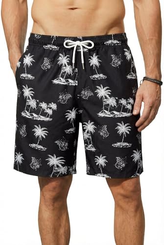 Enlision Bañador Hombre Natación Secado Rápido Bañadores Piscina Hombre Verano Moda Pantalones Cortos Hawaiano Negra Bermudas Traje de Baño con Forro de Malla para Playa Surfero Vacaciones L