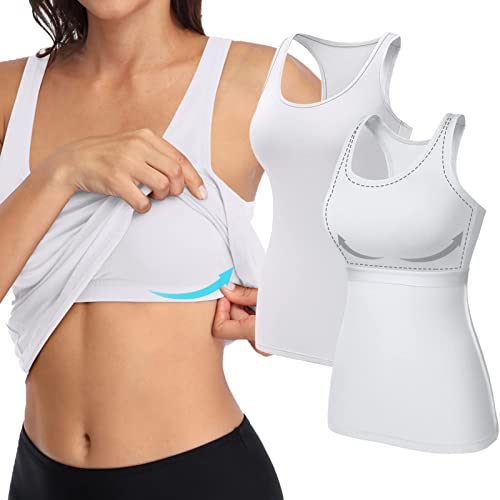 Charmo Women Racerback Camisole with Built in Shelf Bra Fitness Workout Running Tank Top White/White M