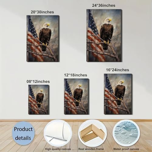 Image of Framed Bald Eagle American Flag Wall Art, Patriotic Rustic Canvas Art Pictures, USA Eagle Wall Decor, Made in USA Ready to Hang for Office Man Cave Living Room