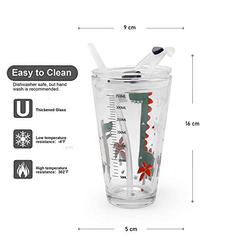 Image of KELVEE Random Design Glass Tumbler with Lid, Cartoon Pattern,Multipurpose Drinking Cup Measuring Milk Mug with Silicone Straw Drink for iced Tea,Coffee,Juice,Smoothie Sipper Set of 1, 400ml (Printed)
