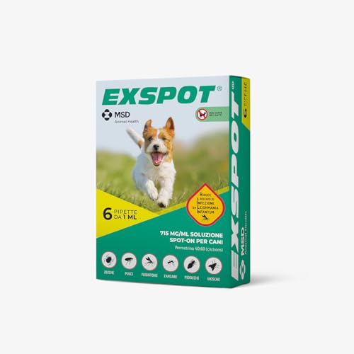 Exspot 6x1ml - Gocce Antiparassitario Cane - Pipette Per Cani Di Taglia Piccola E Media. Protegge Da Zecche, Pulci, Pappataci, Pidocchi E Zanzare. 6 pipette da 1ml