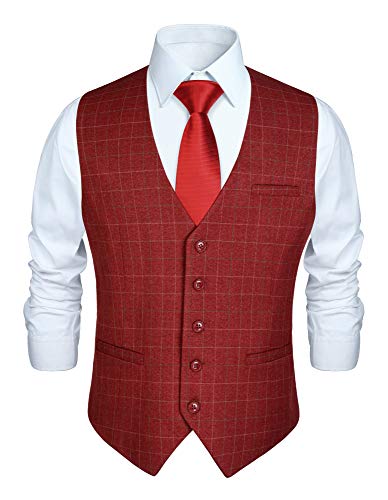 HISDERN Men's Suit Vest Business Formal Dress Vest for Tuxedo Slim Fit Cotton Plaid Waistcoat Wedding Red