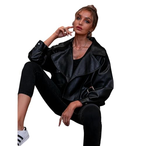 Veste moto femme faux cuir col rabattu manches longues amples