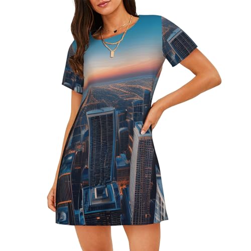 Chemise de nuit Chicago Illinois pour femme pyjama léger d'été à manches courtes bleu marine tailM