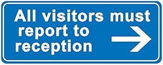 4 x All visitors must report to reception (arrow right) - Information Sign Removable Self Adhesive Waterproof Durable Vinyl Label Sticker 225mm x 106mm