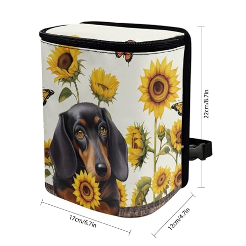 Image of Talayituse Dachshund Sunflower Butterfly Print Car Trash Can with Adjustable Straps, Foldable Car Trash Bag Bin Car Garbage Bag Multipurpose Storage Box for Vehicle Travel Camping Picnicing