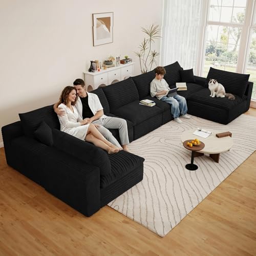 Image of 165 inch Cloud Couch Modular Sectional Sofa for Living Room, U-Shape Boneless Couch with Deep Seat, Modern Corduroy 7-Seater, No Assembly Required, Black