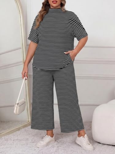 Image of Women's Plus Size 2 Piece Outfits Batwing Sleeve Top Wide Leg Lounge Set | Crew neck top, Cozy 2 piece lounge set, Casual