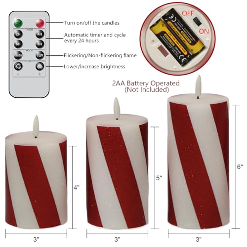 Image of Eldnacele Christmas Candy Cane Stripe Flameless Candles with Remote and Timer, Battery Operated 3D Wick Flickering Real Wax Stripe Glitter Pillar LED Candles Holiday Xmas Decor (3Pcs, D3xH4 /5 inch /6 inch)