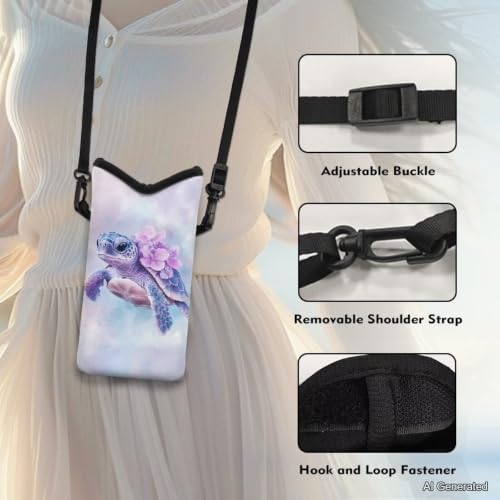 Image of Neoprene Crossbody Phone Case Lightweight Smartphone Wallet Shockproof & Waterproof for Cellphone, Keys & Power Bank - Sea Turtle Flower Violet