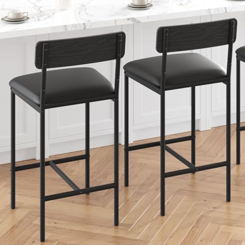 Image of Garvee Bar Stools Set of 2, Upholstered Counter Height Bar Stool with Backrest and Footrest, Wider Seat, Kitchen Barstools for Kitchen Island, Dining Room, Easy Assembly, Retro Black