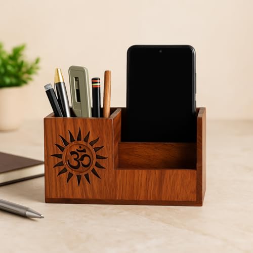 Image of Handcrafted Wooden Pen Holder & Mobile Stand | Desk Organizer for Office, Home & Study Table | Pen Pencil Stand with Card Holder (6.75x3.75x2.5 Inch) (OM Harmony)