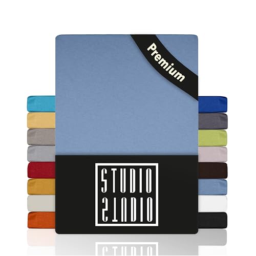 STUDIO Premium Spannbettlaken 120x200cm, 120x220cm, 130x200cm & 130x220cm – Jersey-Spannbetttuch aus 97 % Baumwolle & 3 % Elastan – Mittelblau...