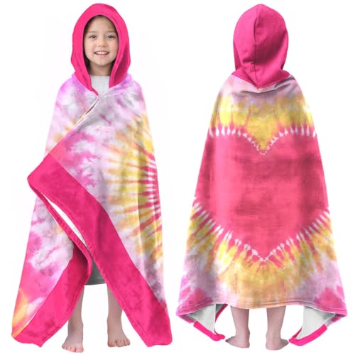 Image of Heart-shaped Print Girls Beach Towel with Hoodie for Kids Toddlers Age 4-8, Pink Blue Bath Towels Shower Wrap for Girls, Hooded Poncho Beach Blanket for Pool Swimming Wearable Bath Towel for Child